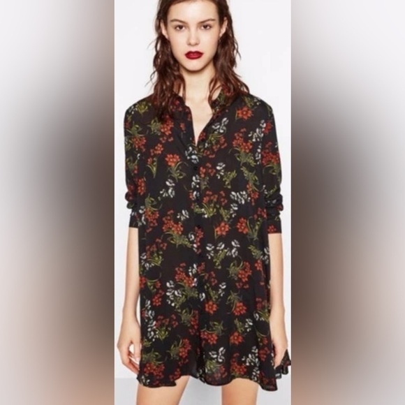 Zara La Fleur Floral Black Mini Shirt Dress Size Small - Picture 2 of 9
